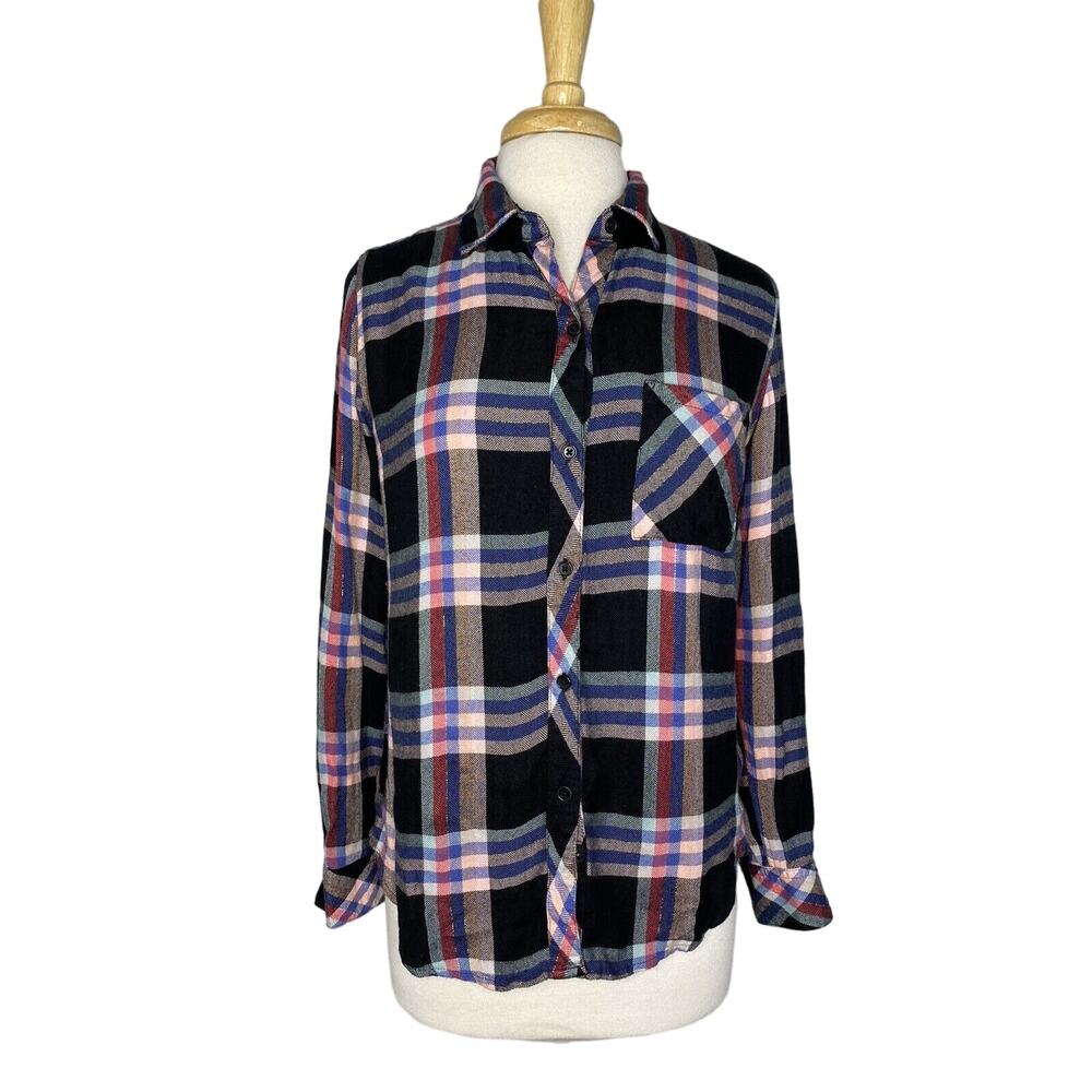 RAILS Metallic Plaid Rayon Button Up Shirt Small Black Pink Blue Long Sleeve